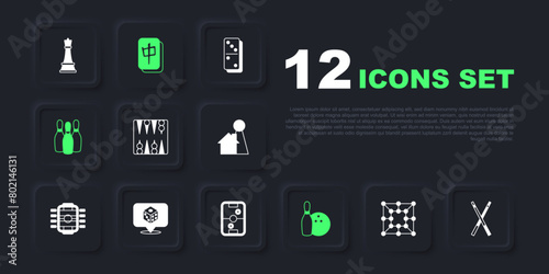 Set Board game, Crossed billiard cues, Backgammon board, Bowling pin and ball, Game dice, Mahjong pieces and Air hockey table icon. Vector