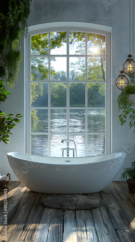 Elegant Freestanding Bathtub by a Large Window Overlooking a Serene Lake