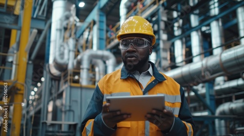 Professional industrial engineer wearing a safety uniform and yellow hard hat uses a tablet computer.