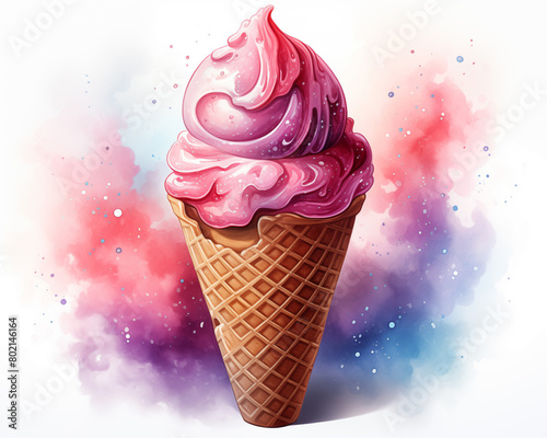 pastel watercolor illustration of ice cream cone clipart on white background.