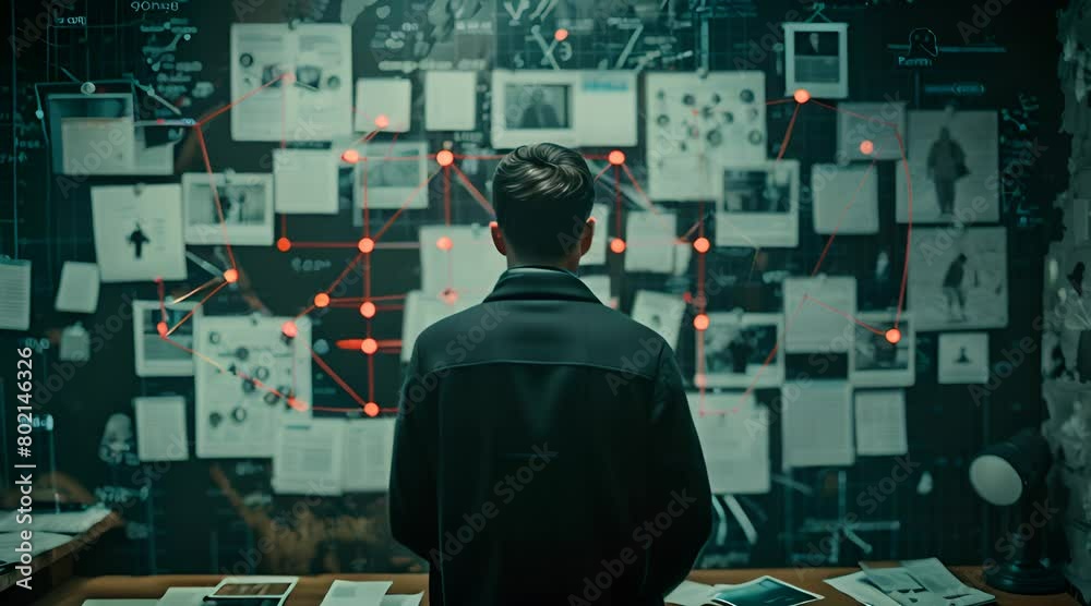 a detective or analyst immersed in deep thought, standing before a complex wall of evidence and connections