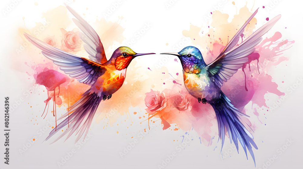 watercolor  of hummingbirds birds in pastel and bohemian style on white background.