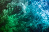 Vivid swirls of blue and green smoke create a dreamy and mystical texture against a black backdrop