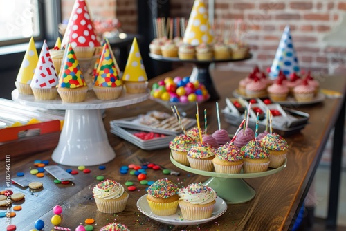 A wide-angle view of a party table covered with numerous cupcakes topped with colorful sprinkles and surrounded by party hats and festive decorations