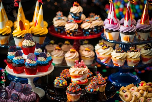 A table lined with a variety of cupcakes topped with colorful frosting and decorations for a party celebration