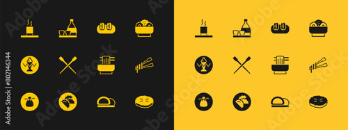 Set Chow mein on plate, Dumpling, Asian noodles bowl, Sushi, Food chopsticks, Cup of tea and Bottle sake icon. Vector