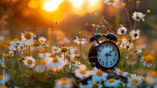 A classic black alarm clock stands amidst a field of blooming daisies  captured in the warm glow of a setting sun  reflecting themes of time  nature  and tranquility.