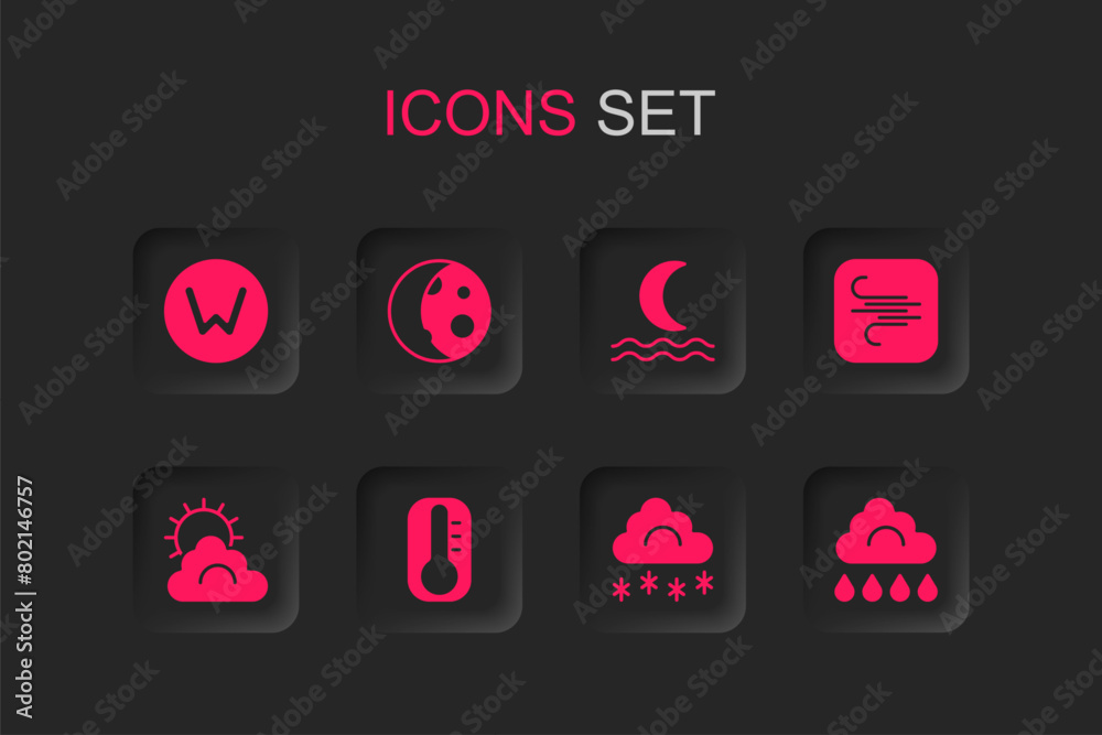 Set Thermometer, Moon phases, Compass north, Cloud with snow, Wind, rain, Night fog smoke and Sun and cloud weather icon. Vector