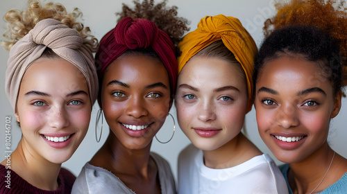 Vibrant Young Women Exuding Energy with Diverse Headscarves against a Clean White Backdrop