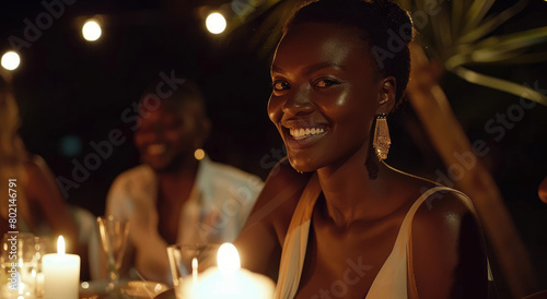 An attractive woman smiling at the camera while sitting next to friends during an outdoor dinner party