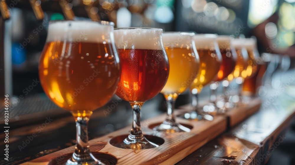 A wooden flight of six full beer glasses sits on a bar. Each glass holds a different type of beer.