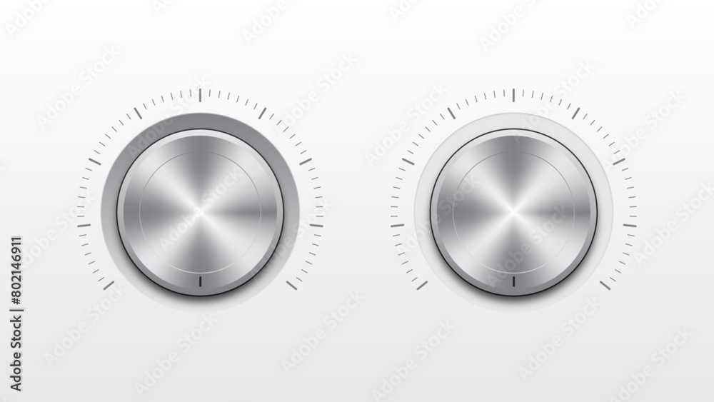 Technology music button (volume settings, sound control knob) with metal texture, shadow and light background for internet sites, web interfaces and applications. Volume button.