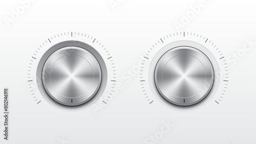 Technology music button (volume settings, sound control knob) with metal texture, shadow and light background for internet sites, web interfaces and applications. Volume button.