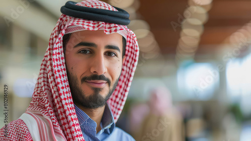 Portrait of smiling Arabic man businessman with beard and traditional hat agal agel photo
