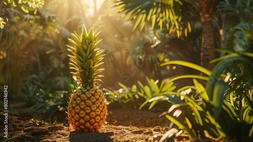 A serene image of a ripe pineapple standing tall in a lush tropical garden  basking in the golden sunlight on International Pineapple Day.