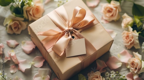 A beautifully wrapped Mother's Day present with a satin ribbon, surrounded by delicate roses and petals. Ideal for conveying love and appreciation. Mother's Day, concept.