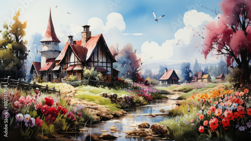 Idyllic Village Life: Picturesque Cottages and Flourishing Spring Flowers in a Storybook Setting, AI Generated