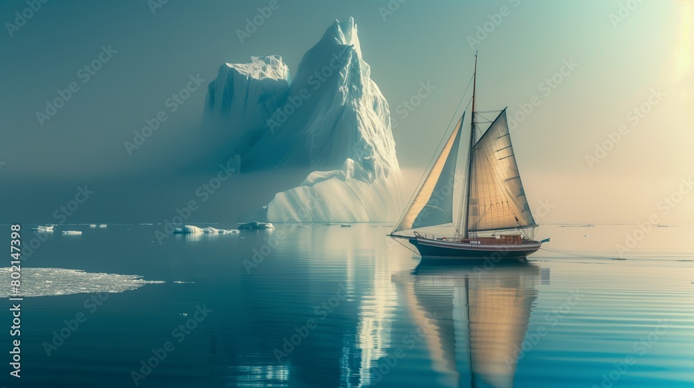Golden Hour Sailing Near a Towering Iceberg in the Tranquil Arctic Ocean