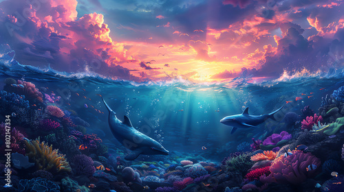 A beautiful painting of a coral reef with two dolphins swimming over it. The sun is setting in the background.