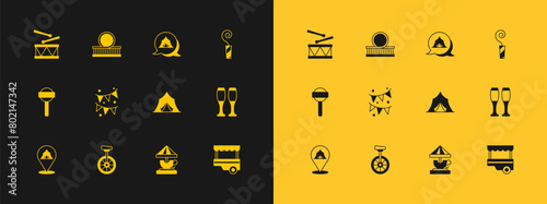 Set Birthday party horn, Unicycle, Circus tent, Attraction carousel, Carnival garland with flags, Drum drum sticks and Roller coaster icon. Vector