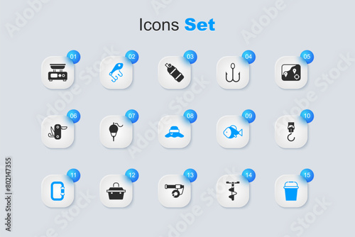 Set Hand ice drill, Fishing float, lure, Carabiner, bucket, Spring scale, Electronic scales and Fisherman hat icon. Vector