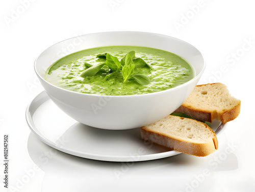 Green peas cold gazpacho soup in a white bowl with garnishes and bread on white table 