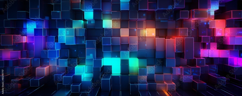 Colorful abstract background with glowing neon squares. Colorful abstract background with glowing neon squares.