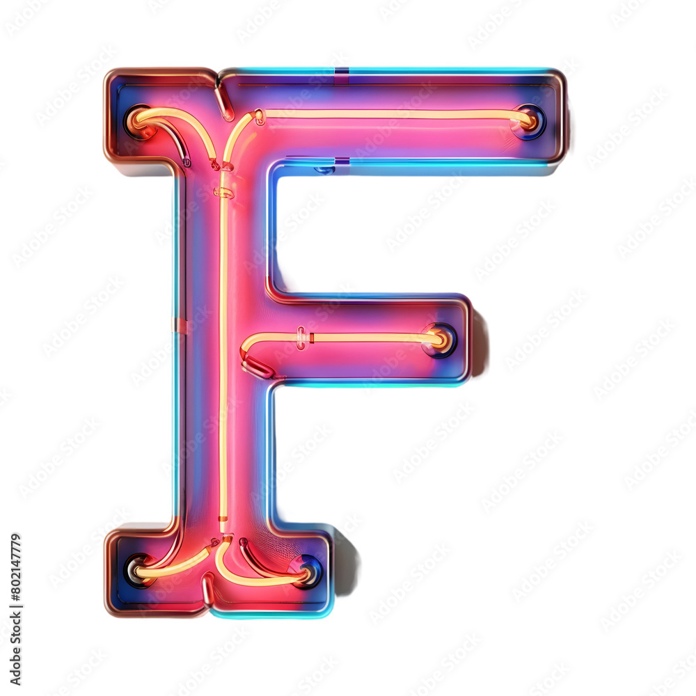 Neon Light Alphabet ''F'' isolated on a transparent background