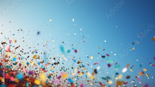 Colorful confetti falling from a bright blue sky.