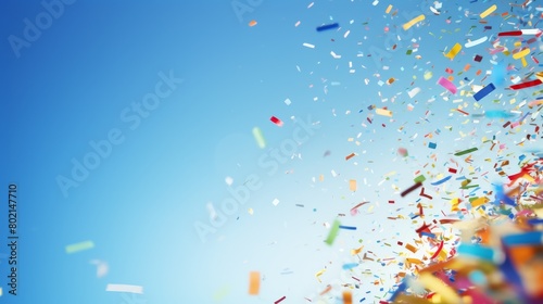 Colorful confetti falling from a bright blue sky.