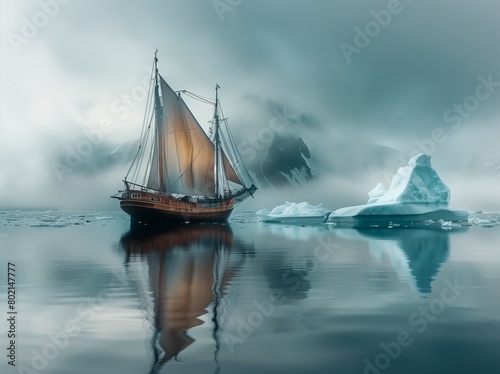 Mystic Voyage: Antique Sailboat Amidst Foggy Icebergs in a Shadowy Arctic Seascape