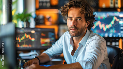 A man in a blue shirt is sitting in front of a computer. He has a confident expression on his face. There are multiple monitors behind him displaying graphs and charts.