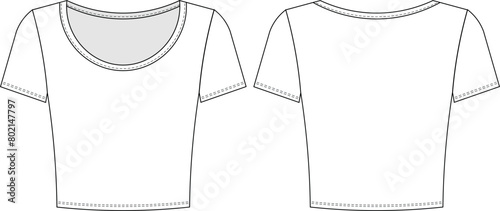 scoop neck u neck short sleeve crop cropped fit tee t-shirt blouse top template technical drawing flat sketch cad mockup fashion woman design style model
