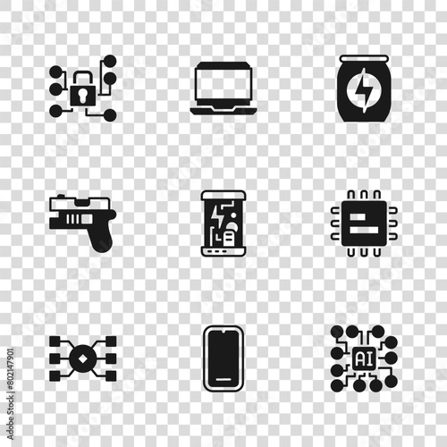 Set Mobile phone, Processor CPU, Neural network, Cryogenic capsules, Energy drink, Cyber security, Laptop and Futuristic weapon icon. Vector