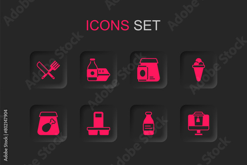 Set Coffee cup to go, Online ordering food, Crossed knife and fork, Bottle water, Ice cream waffle, and meal icon. Vector
