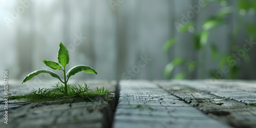   The seed can be planted in different environments a lonely fresh small green plant on wooden table cracked pavement  symbolizing the possibility of change anywhere 

 photo