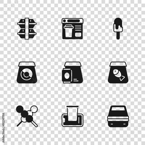 Set Food ordering on mobile, Online fish, Lunch box, food, Ice cream, and icon. Vector