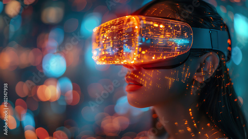 A woman wearing a virtual reality headset with a futuristic city in the background. photo