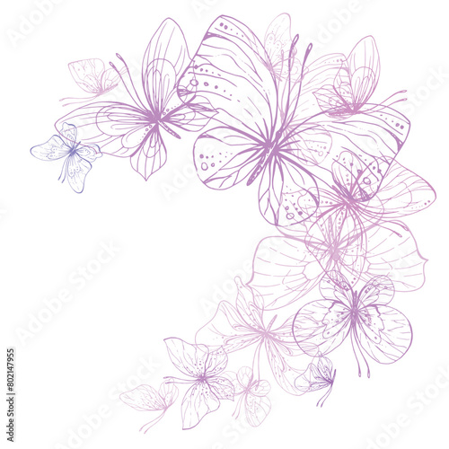 Butterflies are pink  blue  lilac  flying  delicate line art. Graphic illustration hand drawn in pink  lilac ink. Circle frame  template EPS vector