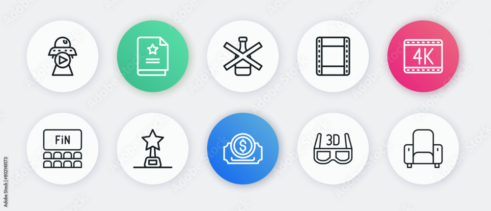 Set line Cinema ticket, 4k movie, auditorium with screen, 3D cinema glasses, Play video, No alcohol, chair and Movie trophy icon. Vector Set line Cinema ticket, 4k movie, auditorium with screen, 3D cinema glasses, Play video, No alcohol, chair and Movie trophy icon. Vector