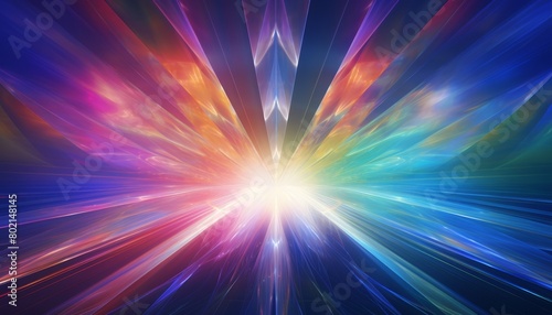 The image is an abstract painting with a bright light in the center and rays of different colors extending outward.