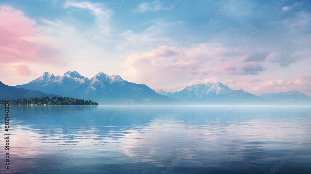 The peaceful lake and mountains in the distance create a beautiful scene