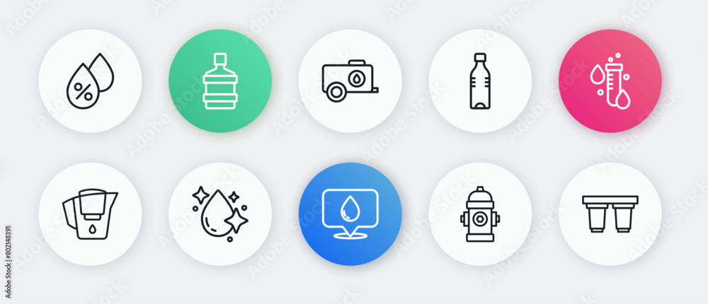 Set line Water drop with location, Test tube water, jug filter, Fire hydrant, Bottle of, Mobile tank, cartridge and icon. Vector Set line Water drop with location, Test tube water, jug filter, Fire hydrant, Bottle of, Mobile tank, cartridge and icon. Vector