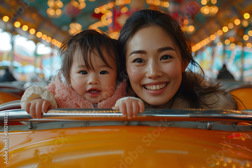 Woman and Child Enjoying Asian-Inspired Amusement Ride, To capture the joy and bonding of a family celebration during Chinese New Year at a carnival photo