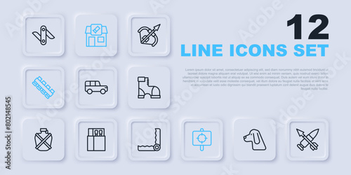 Set line Hunting dog, Crossed bullet with arrow, Safari car, Target sport, cartridge belt, Open matchbox and matches, shop and Trap hunting icon. Vector