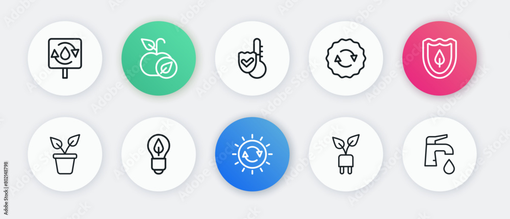 Set line Solar energy panel, Shield with leaf, Plant in pot, Electric saving plug, Recycle symbol, Thermometer, Water tap and Light bulb icon. Vector Set line Solar energy panel, Shield with leaf, Plant in pot, Electric saving plug, Recycle symbol, Thermometer, Water tap and Light bulb icon. Vector
