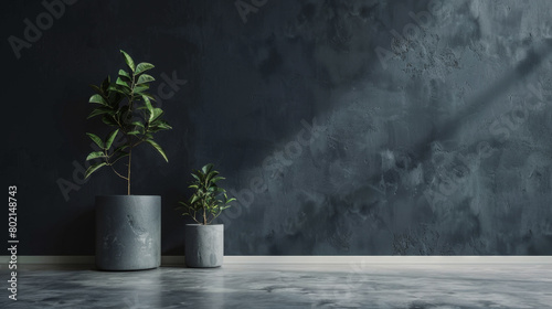 A wall with a plant in a pot and another plant in a pot. The wall is painted black and the plants are green