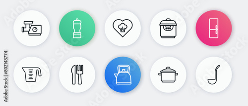 Set line Kettle with handle, Refrigerator, Measuring cup, Cooking pot, Slow cooker, Chef hat, Kitchen ladle and Crossed knife fork icon. Vector