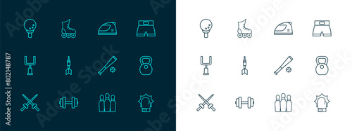Set line Boxing short, Dumbbell, Baseball bat with ball, Bowling pin, Dart arrow, Racing helmet, Golf on tee and Roller skate icon. Vector