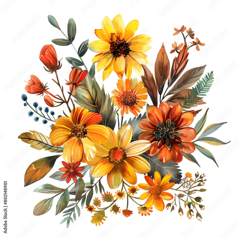 Rustic Autumnal Flower Illustrations with Fall Leaf isolated on a transparent background